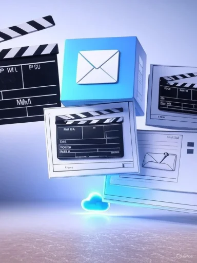 A blue cube with an envelope icon floats among film clapperboards and computer screens, symbolizing cloud email.