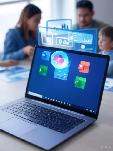A laptop screen shows colorful apps with floating holographic data panels during a team discussion.