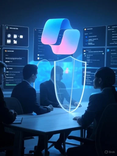 Executives in a high-tech cyber security briefing around a holographic shield.