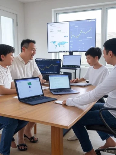 A team collaborates around a wooden table, reviewing charts on laptops and a large display.