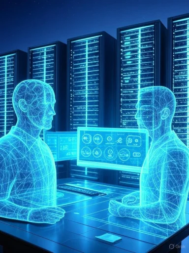 Two holographic figures discuss dashboards in a glowing blue server room.