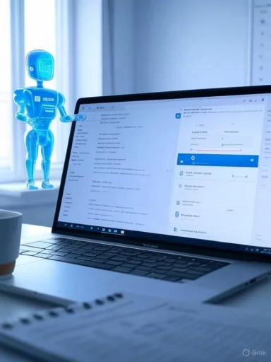 A translucent blue holographic robot hovers beside a laptop displaying a dashboard.