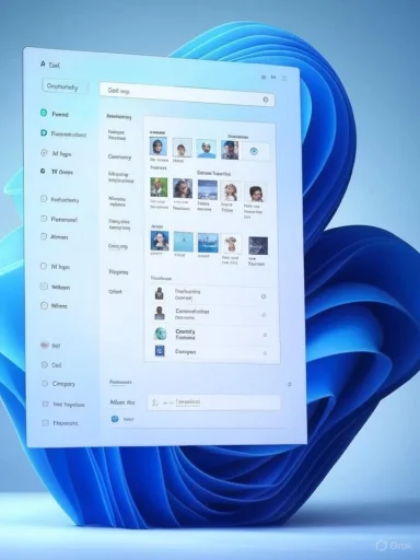 A computer screen shows a UI mockup with avatar grid on a blue abstract backdrop.