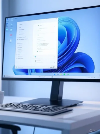 A sleek desktop setup with a large monitor, wireless keyboard, and blue abstract wallpaper.