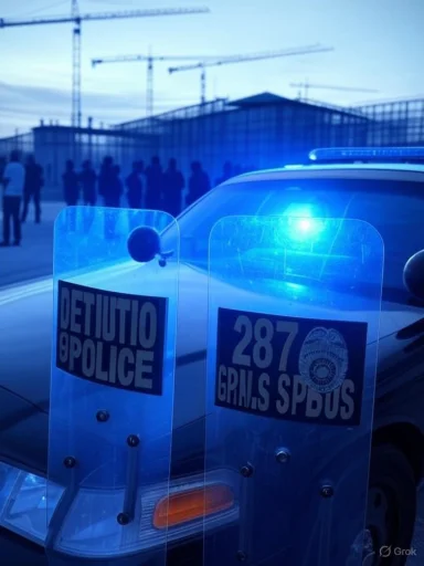 A police car with riot shields and flashing blue lights at a construction site.