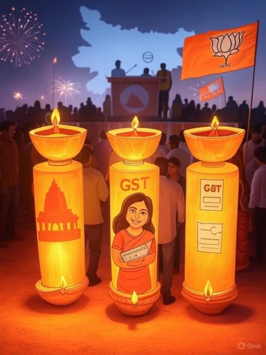 Indian political rally with glowing GST-themed lanterns, a BJP flag, and fireworks.