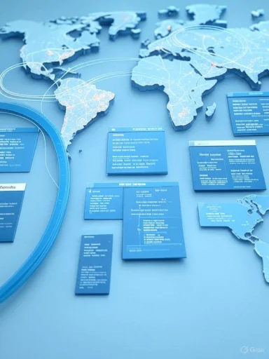 Blue world map with floating data cards and connecting lines.