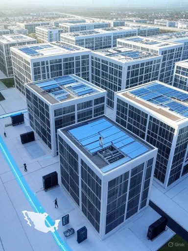An aerial view of a sprawling campus of white glass cube buildings with blue solar rooftops.
