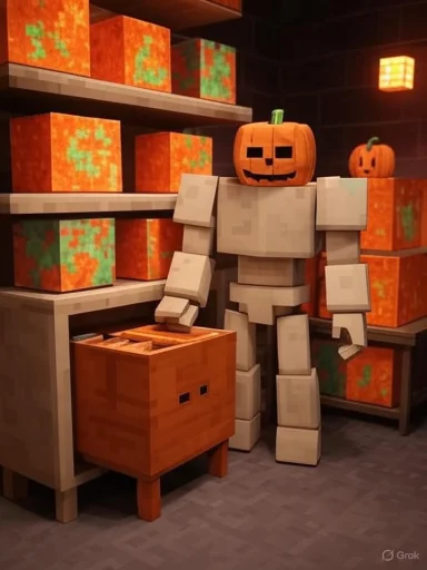 A pumpkin-headed, blocky robot stands among orange Minecraft-style crates.