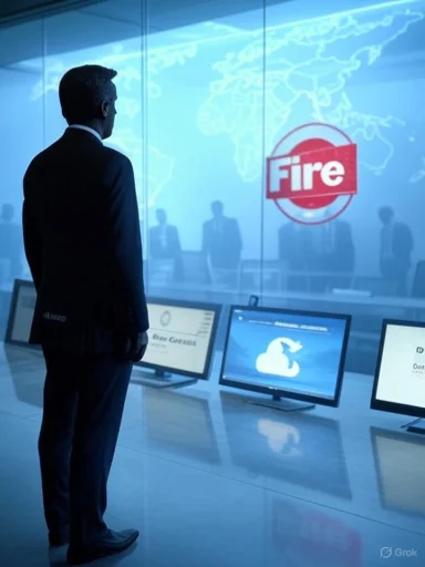 A businessman in a glass-walled command center watches a global fire alert on screens.