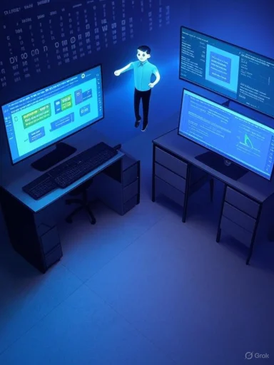 Blue-lit tech workspace with three monitors and a floating humanoid avatar.
