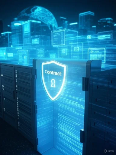 A blue, futuristic data center with holographic screens and a shield labeled “Contract” guarding servers.