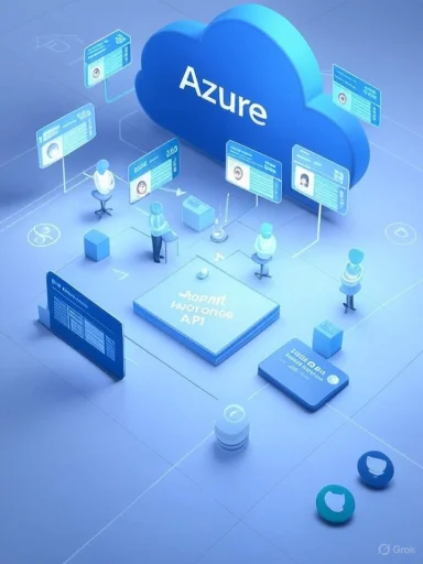 Azure cloud computing scene with a large blue cloud and people around data panels.