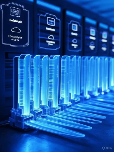 Futuristic data center with glowing blue glass tubes lining server racks.