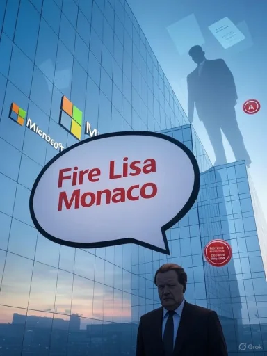 A large speech bubble reads 'Fire Lisa Monaco' in front of a glass Microsoft building.