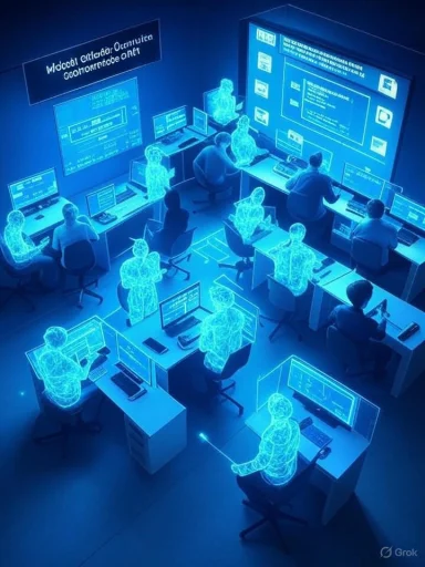 A blue high-tech command center with holographic workers at computer desks.