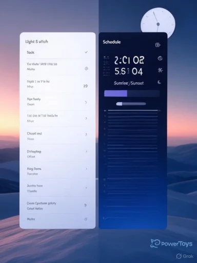 Split-screen interface: light mode on the left, dark schedule with a clock on the right.