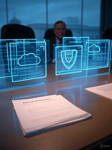 Futuristic boardroom with glowing holographic screens displaying cloud and security icons.