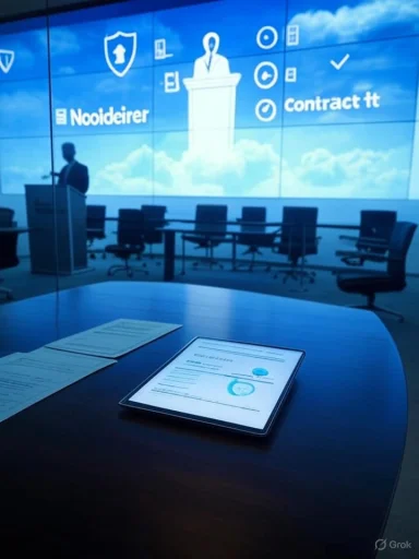 A modern conference room with a large blue presentation screen, a speaker at a podium, and a tablet on the table.