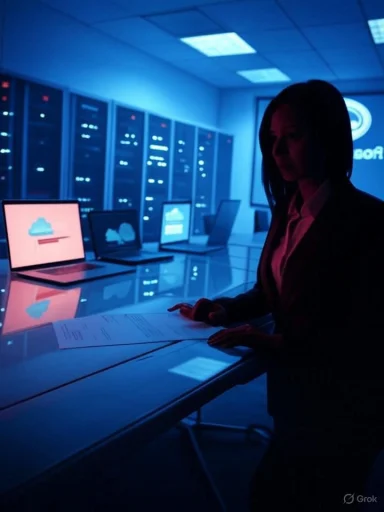 A businesswoman in a dark suit stands by a glass table of laptops displaying cloud icons in a blue-lit data center.