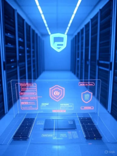 Blue-lit data center with rows of server racks and a holographic shield UI.