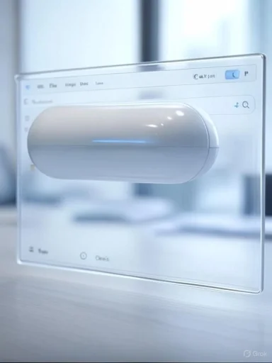 A white wireless earbud charging case hovers in front of a transparent computer monitor.