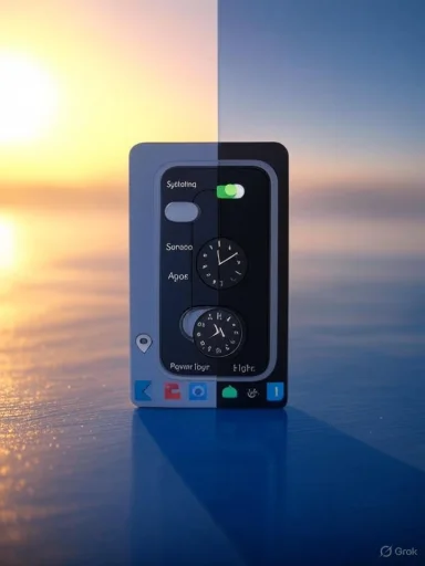 A futuristic control panel with two dials rests on a blue reflective surface against a split sunset-sky backdrop.