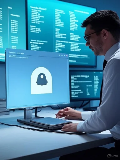 Cybersecurity analyst at a multi-monitor setup, focused on a ghost icon on-screen.