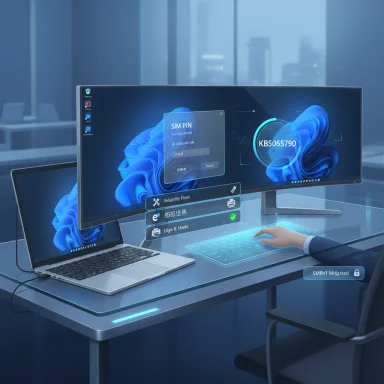Futuristic desk setup with a curved monitor, laptop, and holographic blue UI.