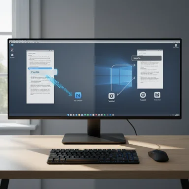 A desktop setup with a widescreen monitor, keyboard, and mouse showing a split-screen UI.
