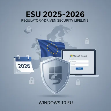 EU-regulatory security lifeline for Windows 10 EU (2025–2026) featuring shield, calendar, and login visuals.