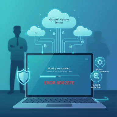 Laptop shows update progress with error 8002EFE among cloud-based Microsoft Update servers.