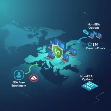 Global map showing ESU 2026 shield among laptops, outlining EEA and Non-EEA enrollment options. Global map showing ESU 2026 shield among laptops, outlining EEA and Non-EEA enrollment options.
