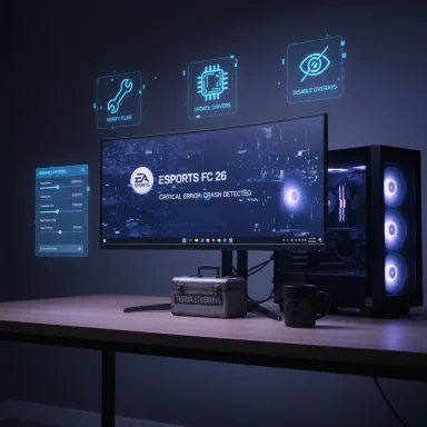 A futuristic gaming desk with an RGB PC and a monitor displaying “CRITICAL ERROR: CRASH DETECTED.”