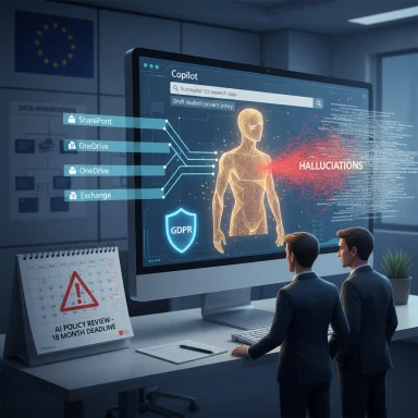 Two professionals examine a futuristic dashboard with a holographic figure, GDPR shield, and data-app icons.