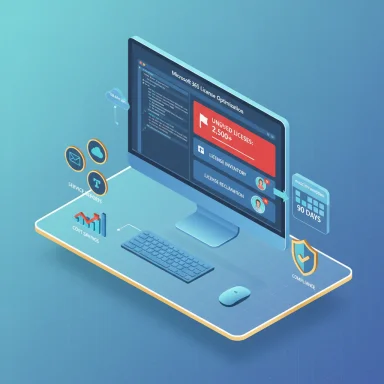 Isometric illustration of a desktop showing Microsoft 365 license optimization, compliance, and cost savings.