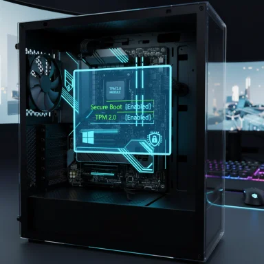 Futuristic PC interior with a holographic display showing Secure Boot and TPM 2.0 enabled.