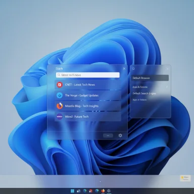A futuristic Windows desktop shows a translucent Start menu over a blue abstract wallpaper.