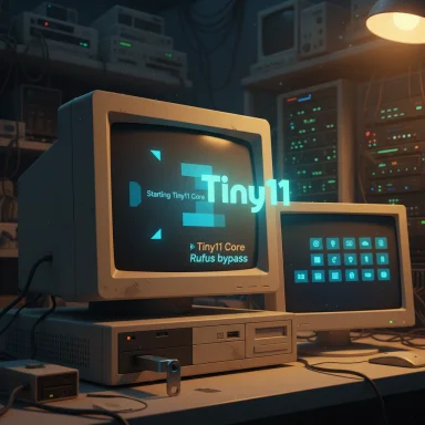 Retro computer setup with a Tiny11 boot screen in a dim server room.