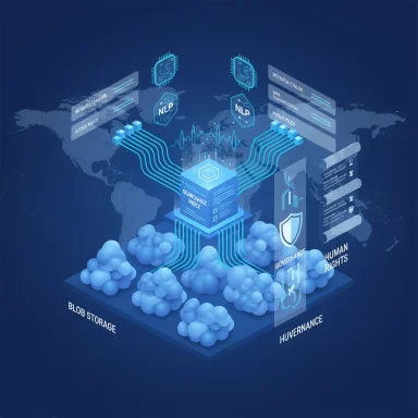 Blue isometric data mesh with blob storage, governance, and NLP around a searchable index.
