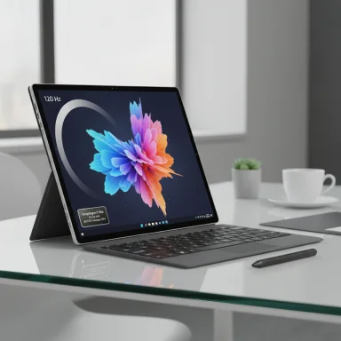 A sleek tablet with keyboard and stylus on a glass desk, displaying a vibrant flower wallpaper.