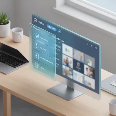 A translucent holographic panel listing photo categories sits beside a desktop monitor.