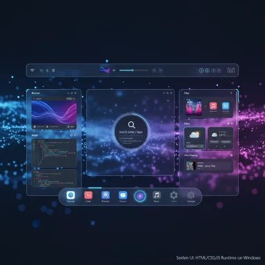 Futuristic holographic Windows UI with floating panels and a central search circle. Futuristic holographic Windows UI with floating panels and a central search circle.