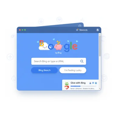 A Bing-styled browser window shows a playful Boogle search page with a large search bar and two rounded buttons.
