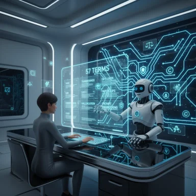 A futuristic workspace where a woman collaborates with a robot over holographic data.