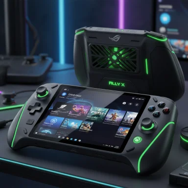 Futuristic gaming setup featuring a neon-green Xbox-style handheld and a Rally X docking station.