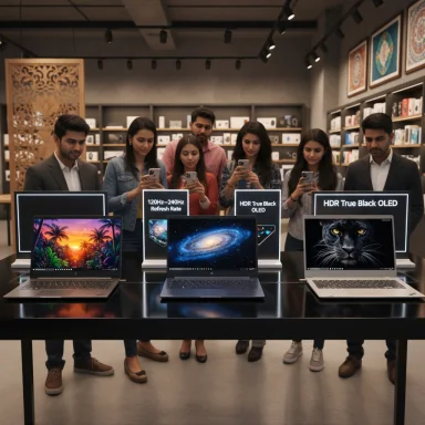 Group of shoppers evaluating laptops with OLED displays in a tech store.