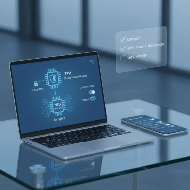 Blue laptop screen shows a TPM diagram with encryption; a floating security checklist hovers nearby.