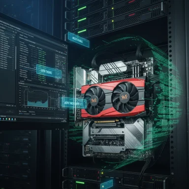 A server rack with a red GPU card and holographic data visuals in a high-tech data center.
