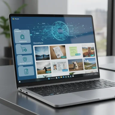 A silver laptop displays a futuristic blue dashboard with photo thumbnails and a left-side categories panel.
